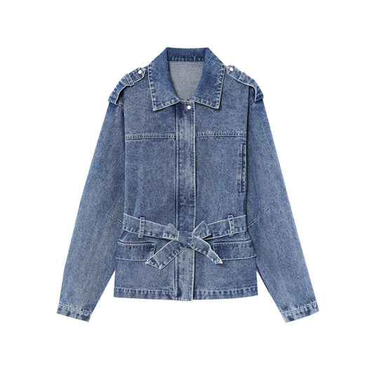 veste en jean femme manches longues ceinturée bleu mer vue face