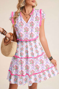 Robe fleurie sans manches avec volants étagés et encolure en V, fond bleu clair