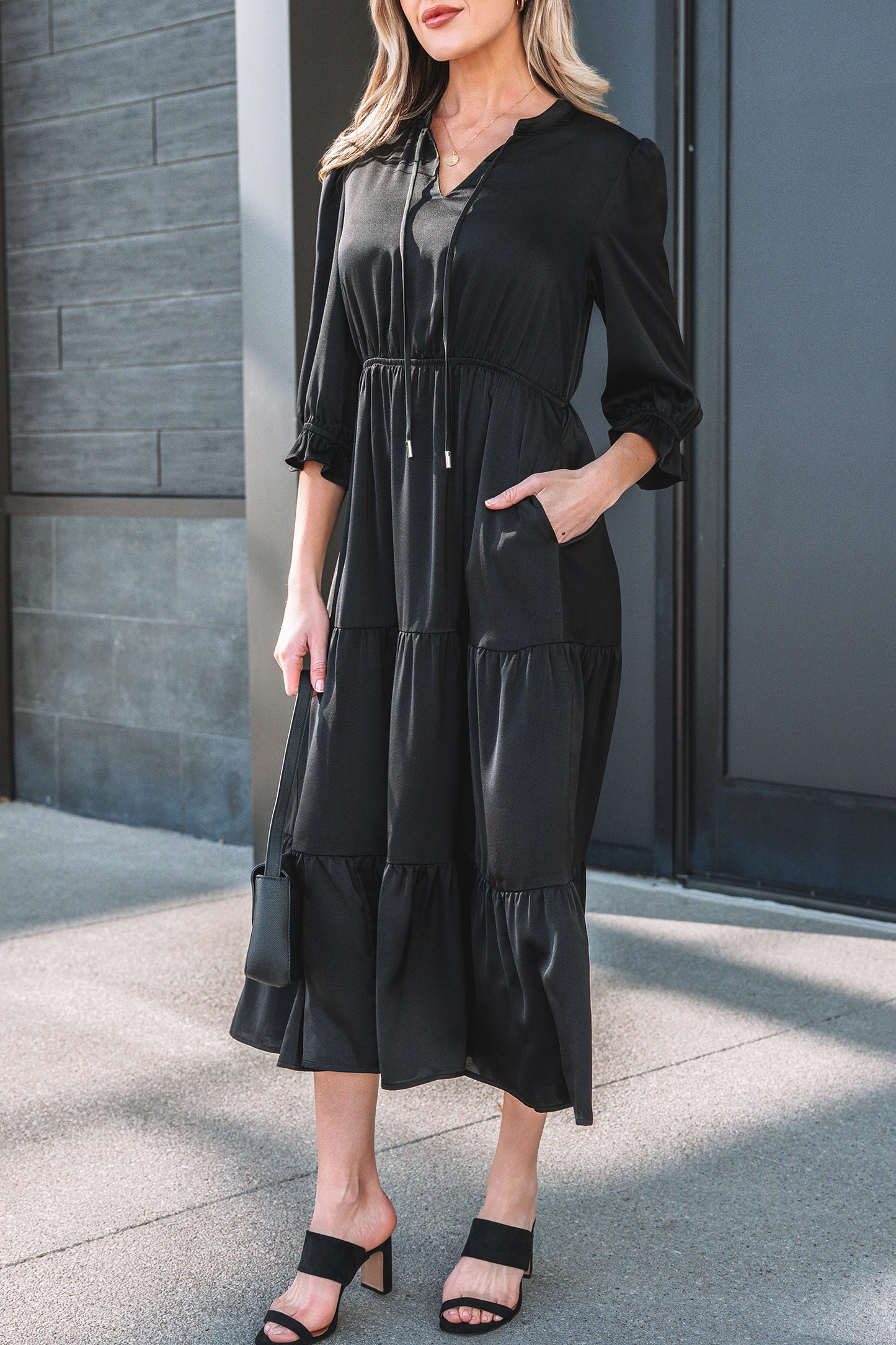 Robe Maxi Noire À Volants Femme – Silhouette A-Line Élégante