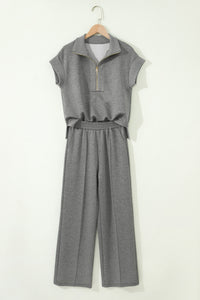 Ensemble détente femme gris: polo zippé col polo et pantalon large fluide