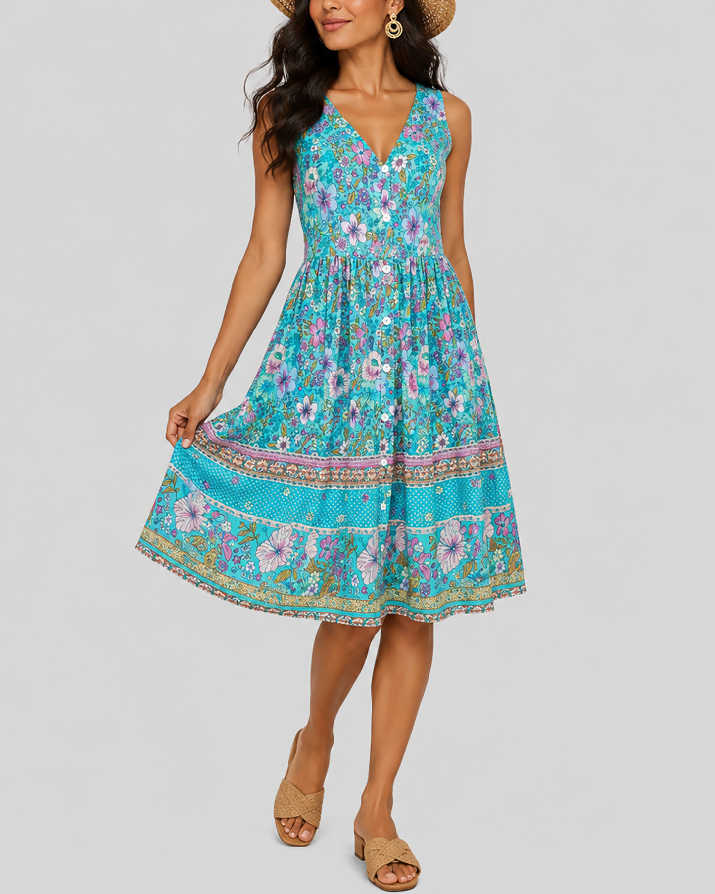 Robe Été Élégante à Imprimé Bleu