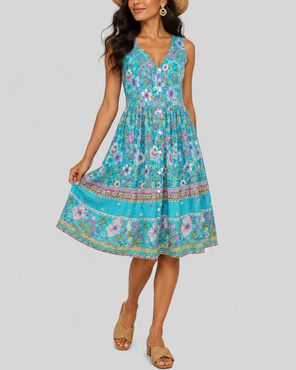 Robe Été Élégante à Imprimé Bleu