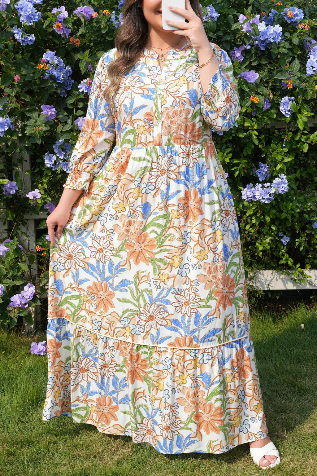 Robe longue bohème imprimée florale multicolore, fronces à la taille, manches 3/4.
