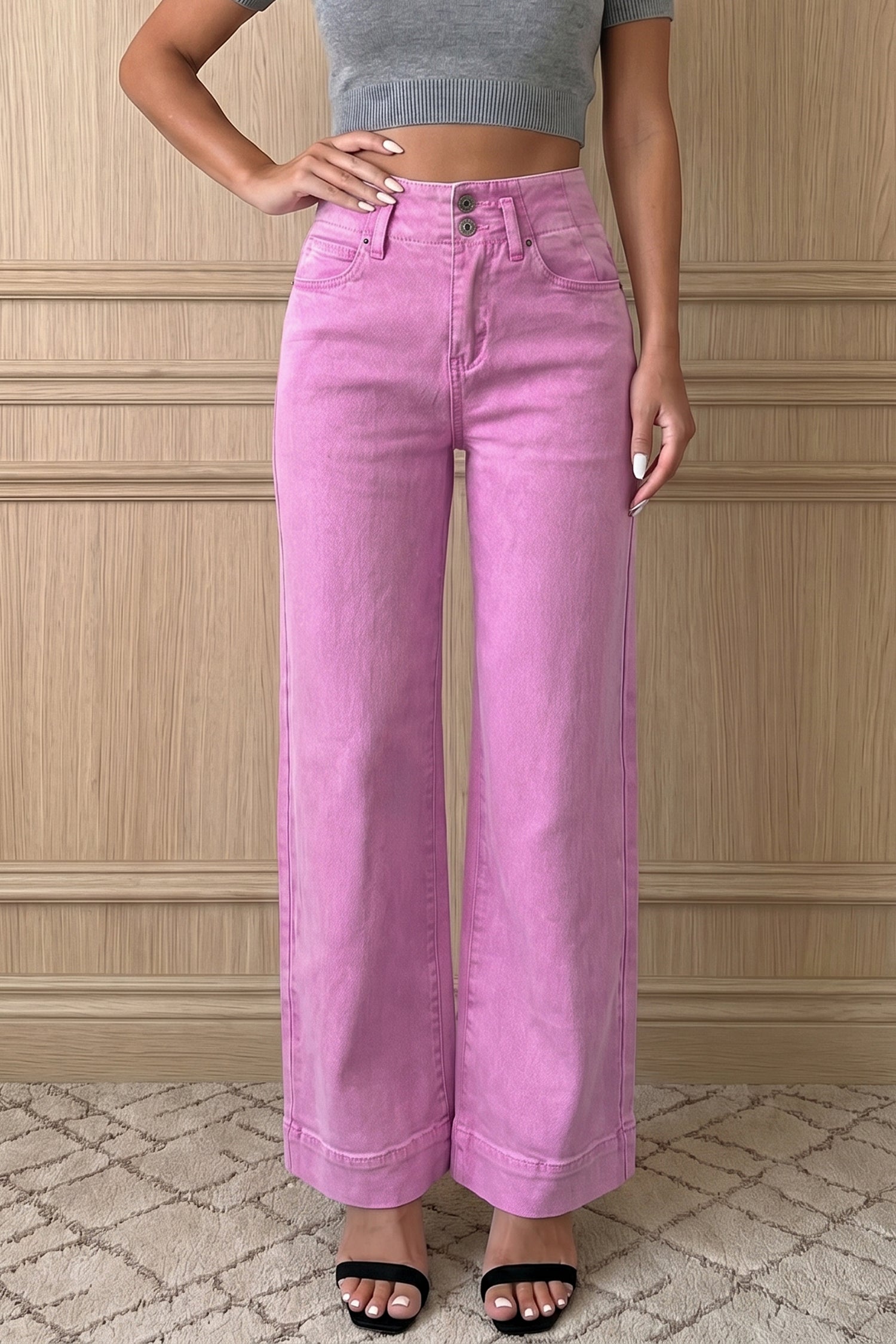Jean Large Taille Haute Double Bouton – 4 Coloris