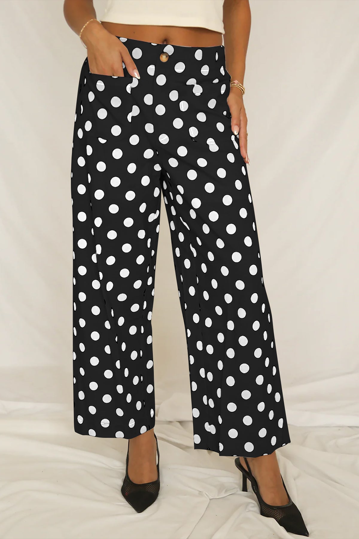 Pantalon Large à Pois Taille Mi-Haute Poches Plaquées – 4 Coloris
