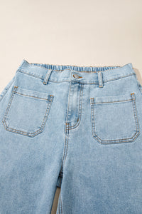 Jean bleu ciel coupe régulière, taille élastiquée, bouton, poches avant