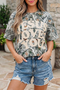 T-shirt femme gris à imprimé « LOVE LIKE JESUS », manches courtes