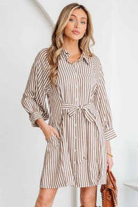 Robe chemisier rayée brune, col boutonné, nœud à la taille, manches bouffantes.