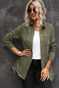 Veste Chemise en Jean Kaki Délavé à Ourlet Effiloché