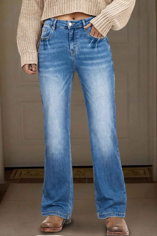 Jean Droit Femme Lavage Enzymes Taille Haute – Bleu Myosotis