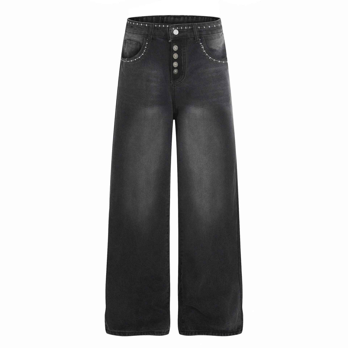 Jean femme noir taille mi-haute à patte boutonnée et coutures décoratives.