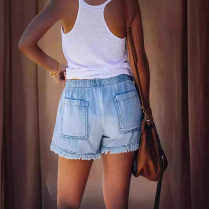 Short en jean taille haute femme à franges et cordon | Oléna-Fashion