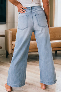 Jean Large Bleu Clair à Rayures Fines et Multi-Boutons