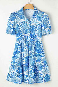 Mini robe femme bleu ciel à motifs floraux, manches bouffantes et jupe évasée