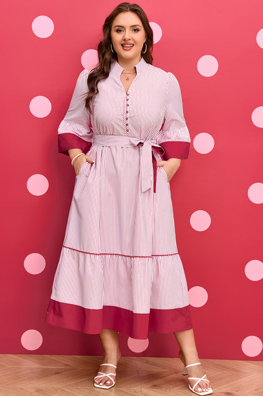 Robe maxi rayée à manches trois-quarts, ceinture nouée, volants et col boutonné