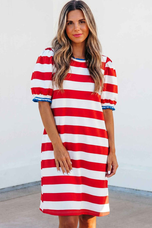 Robe Mini Rayures Rouges Manches Bouffantes Femme