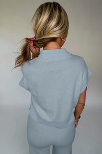 Ensemble détente femme polo zippé bleu clair, vue dos, pantalon assorti