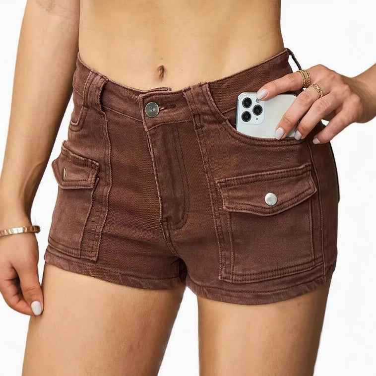 Shorts en denim marron pour femme, poches cargo sur les côtés