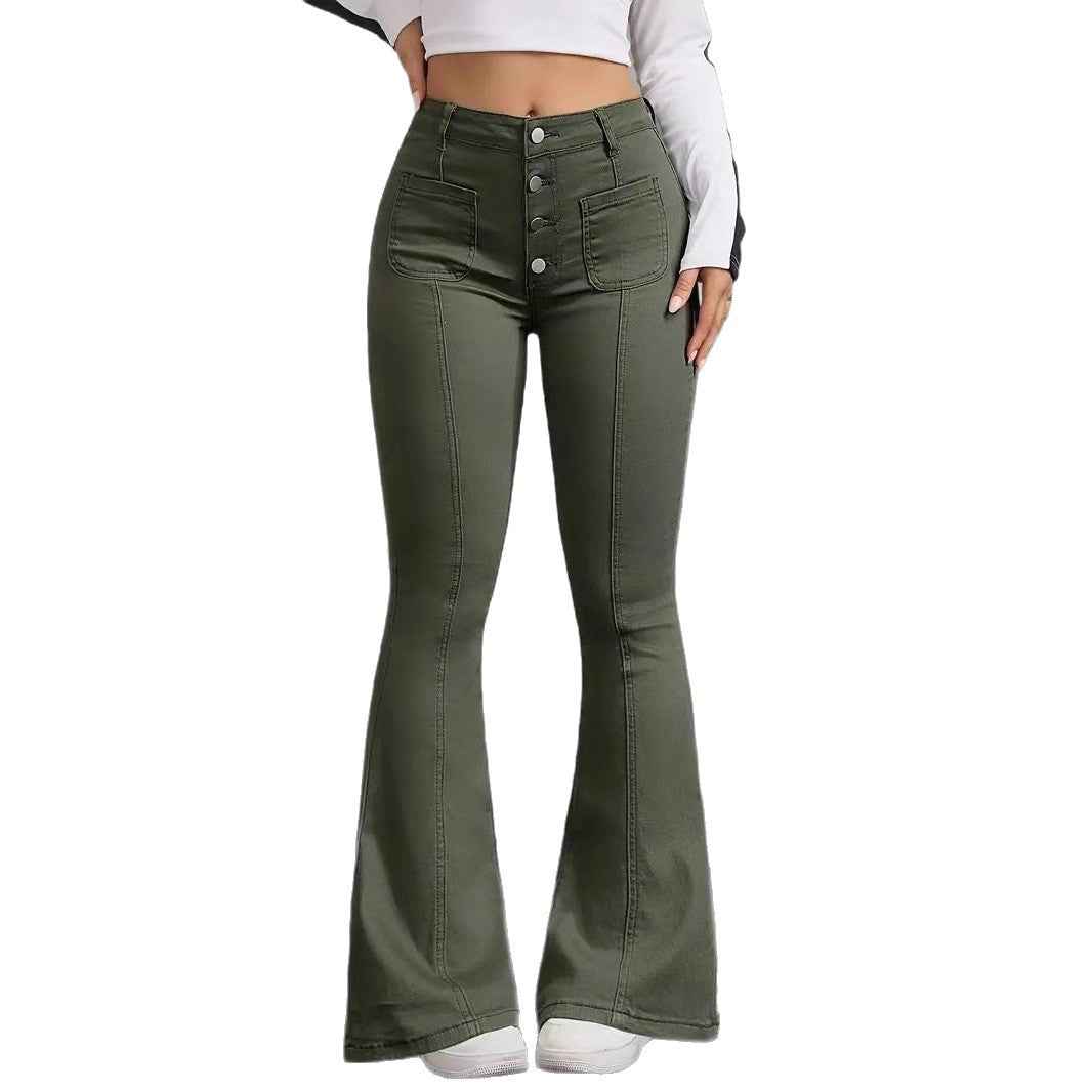 Jean évasé taille haute vert militaire, fermeture à boutons, poches avant