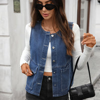 Gilet en jean bleu sans manches pour femme, fermeture boutonnée, poches avant
