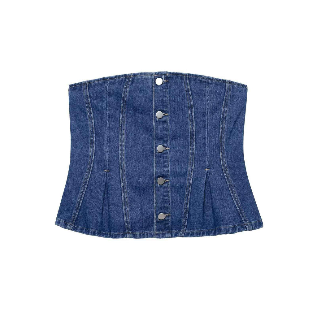 Top en jean bleu foncé sans manches, boutonnage devant, volants sur le bas.