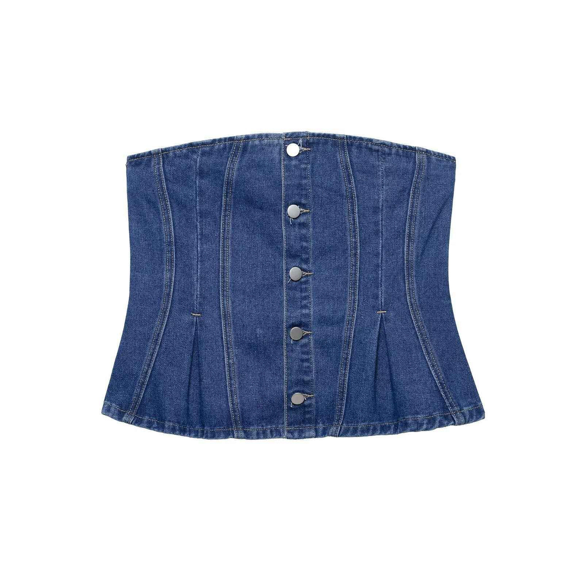Top en jean bleu foncé sans manches, boutonnage devant, volants sur le bas.