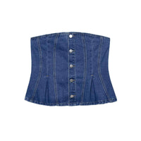 Top en jean bleu foncé sans manches, boutonnage devant, volants sur le bas.
