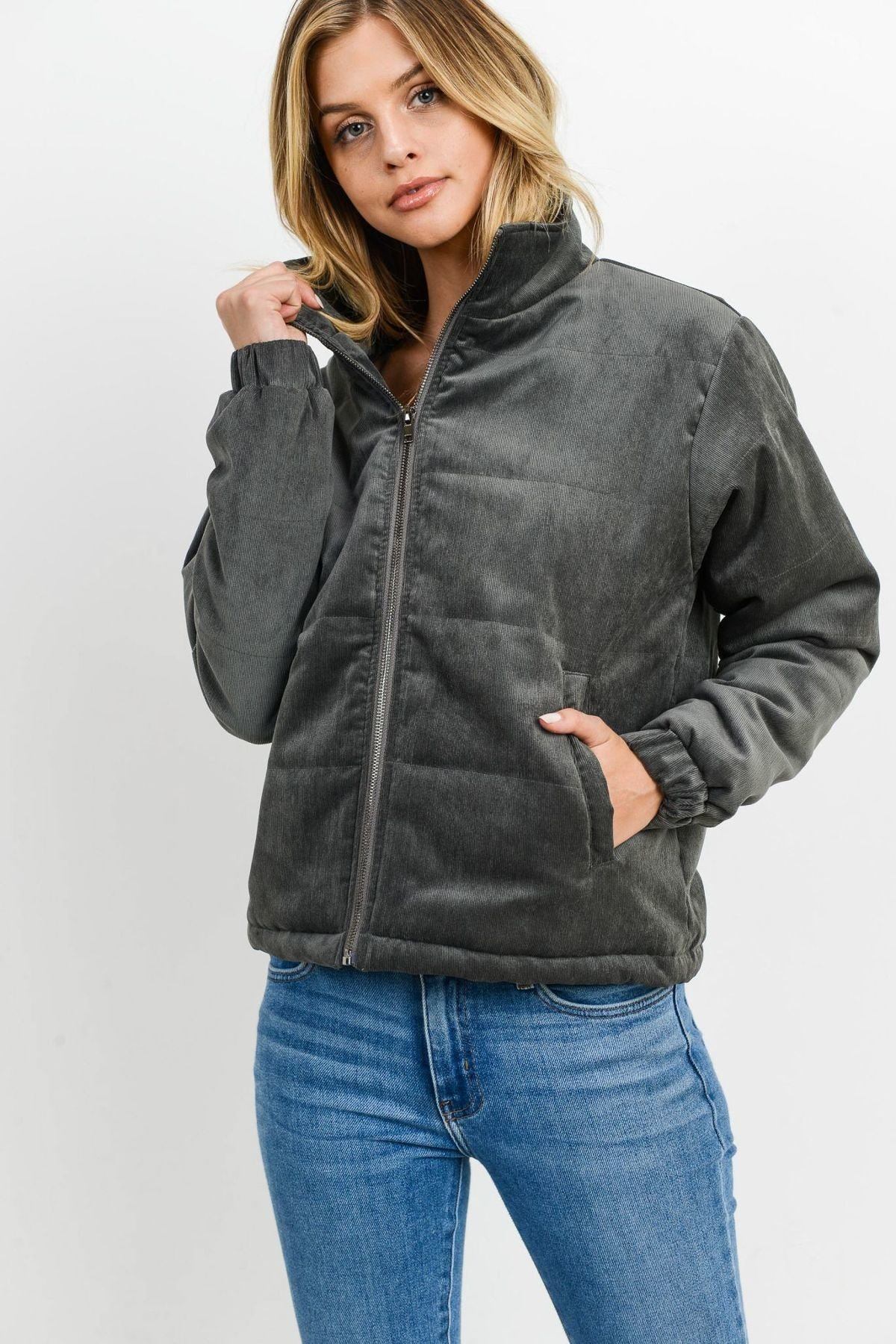 Veste matelassée manches longues gris foncé, zip et poches