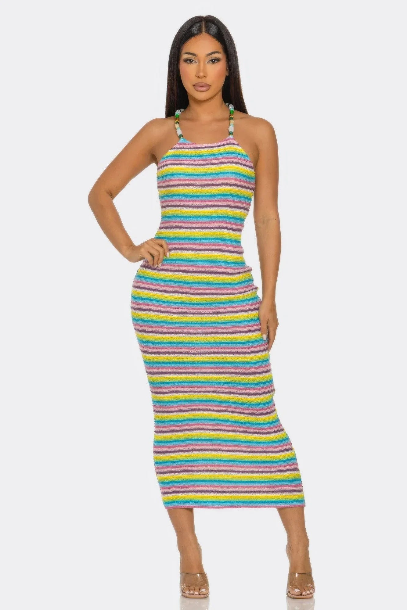 Robe midi rayée multicolore à bretelles perlées, coupe ajustée