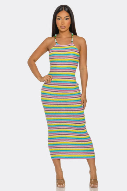 Robe Midi Rayée Bretelles Perlées Femme – Samantha by CAPSULLE