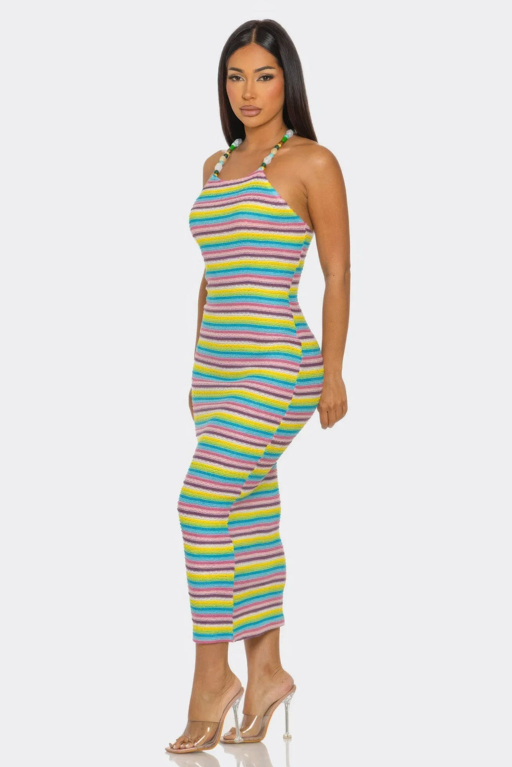 Robe midi rayée multicolore à bretelles perlées, longueur genou