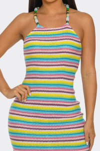 Robe midi rayée colorée en maille, bretelles ornées de perles
