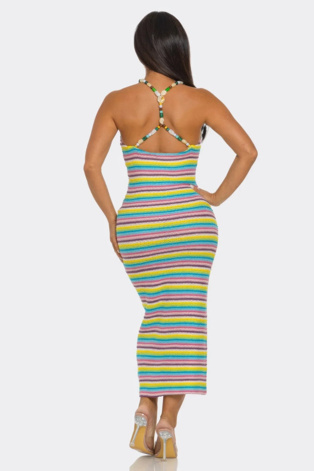 Robe midi rayée multicolore, dos nu avec bretelles perlées croisées
