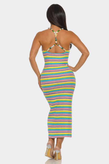 Robe Midi Rayée Bretelles Perlées Femme – Samantha by CAPSULLE