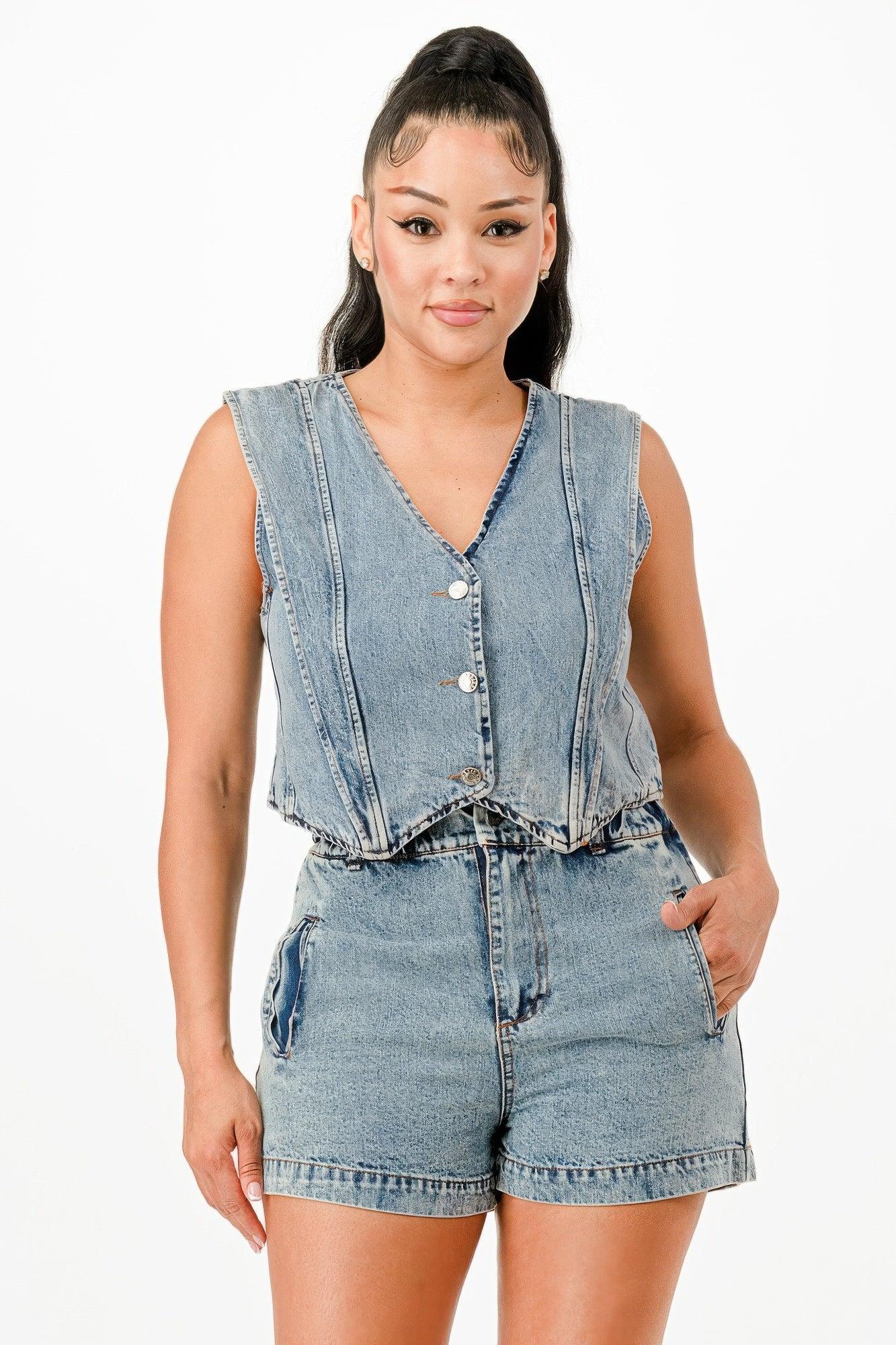 ensemble jean femme veste sans manches short taille haute denim bleu vue face