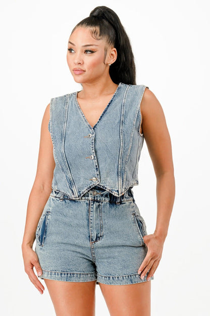 ensemble jean femme veste sans manches short taille haute denim bleu vue face-2