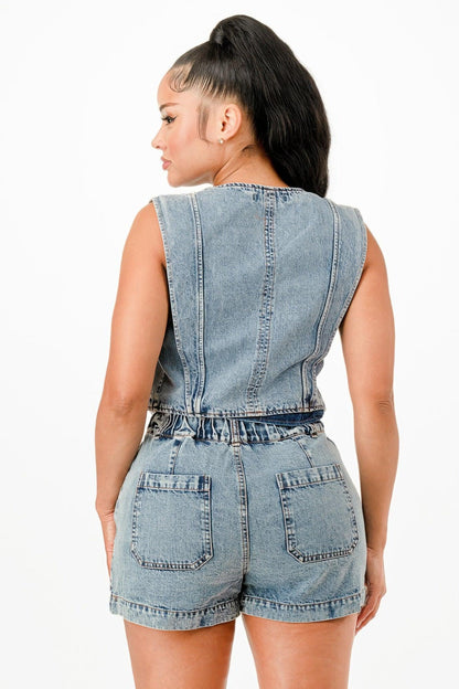 ensemble jean femme veste sans manches short taille haute denim bleu vue de dos