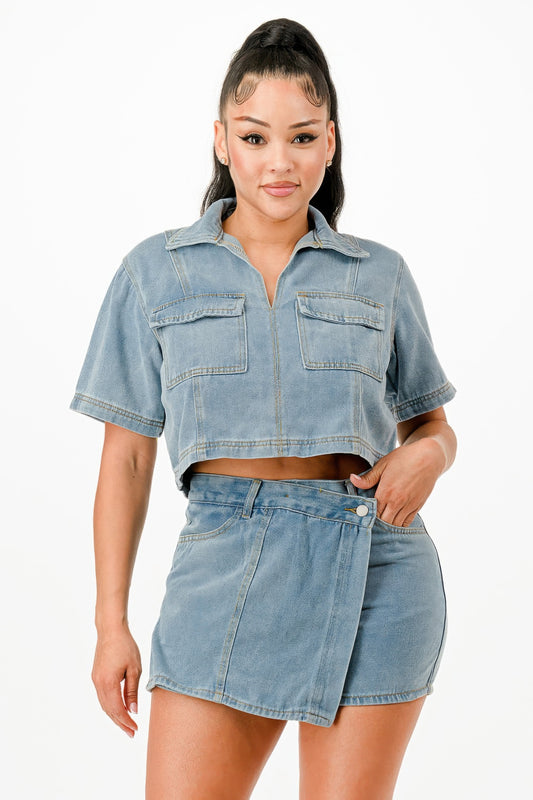 ensemble jupe short denim femme chemise crop vue face