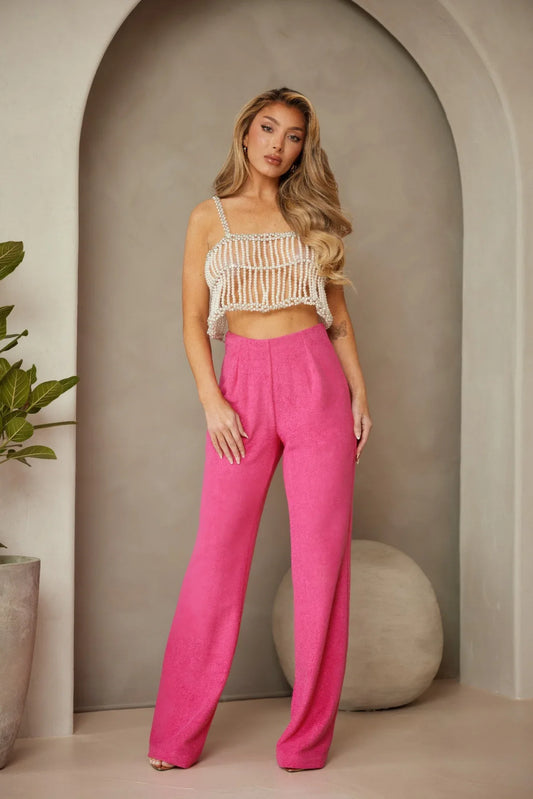 pantalon taille haute femme fuchsia tissu terry structuré vue face