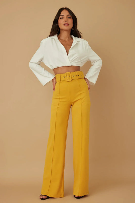 pantalon taille haute ceinture boucle femme moutarde vue face