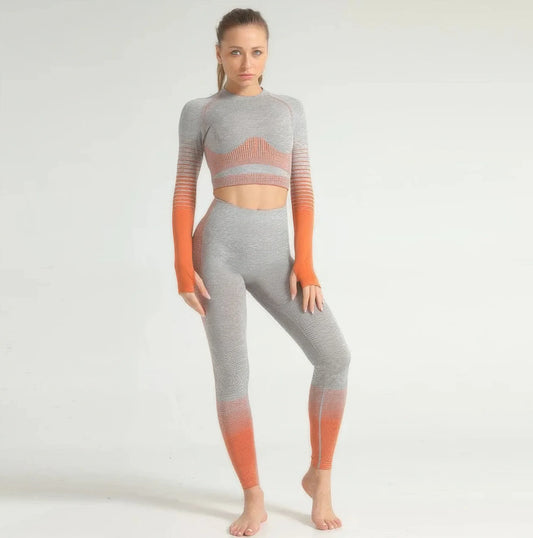 ensemble sport femme sans coutures rayé orange vue face
