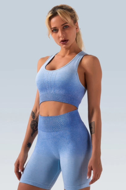 Ensemble deux pièces sans coutures ombré bleu femme - vue face crop top et short cycliste