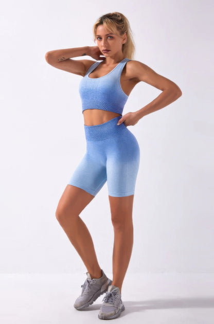 Ensemble deux pièces sans coutures ombré bleu femme - détail tissu seamless stretch