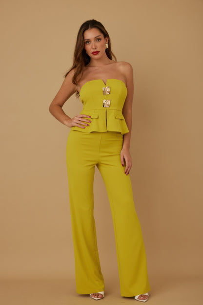 Ensemble deux pièces bustier beige doré froissé – look fête chic femme – Oléna-Fashion