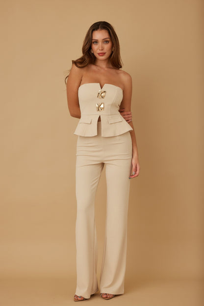 Ensemble deux pièces sans bretelles texture froissée – coloris rouge – Oléna-Fashion