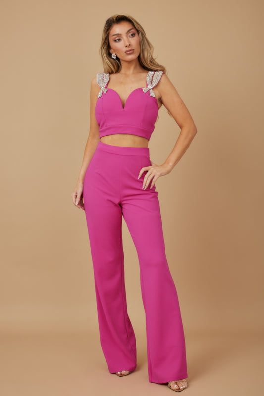 Ensemble deux pièces crop top perlé nœud ruban femme – vue face – Oléna-Fashion