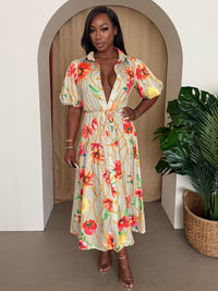 Robe mi-longue à encolure V, manches bouffantes, imprimé fleurs, ceinture nouée