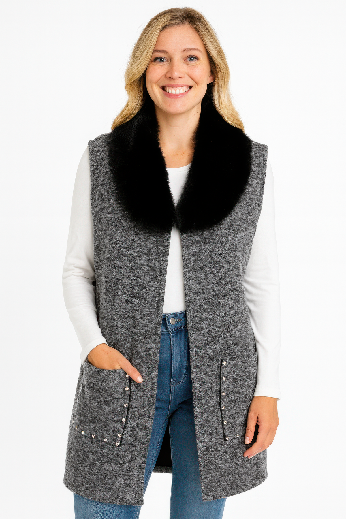Gilet sans manches en mélange de laine gris, col fausse fourrure noire, poches boutonnées