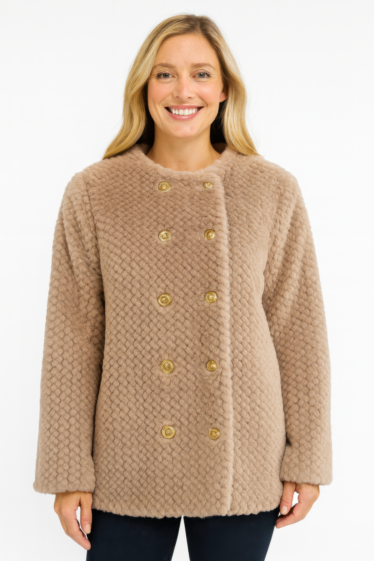Veste fausse peau lainée texturée à double boutonnage, beige, col montant