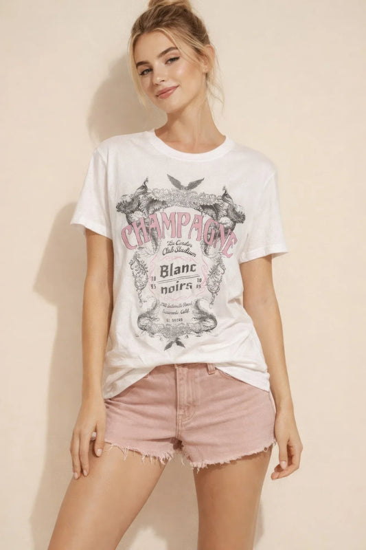 T-Shirt Femme Champagne Rosé - Coton Stretch Blason Élégant - Oléna-Fashion